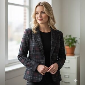 Suzy Shier Black and Gray Plaid Blazer